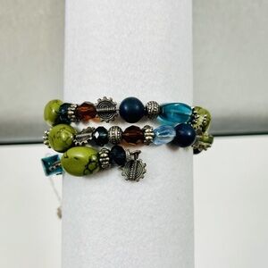 Premier Designs Memory Wire Wrap Bracelet Green/Blue Silver Tone Beads